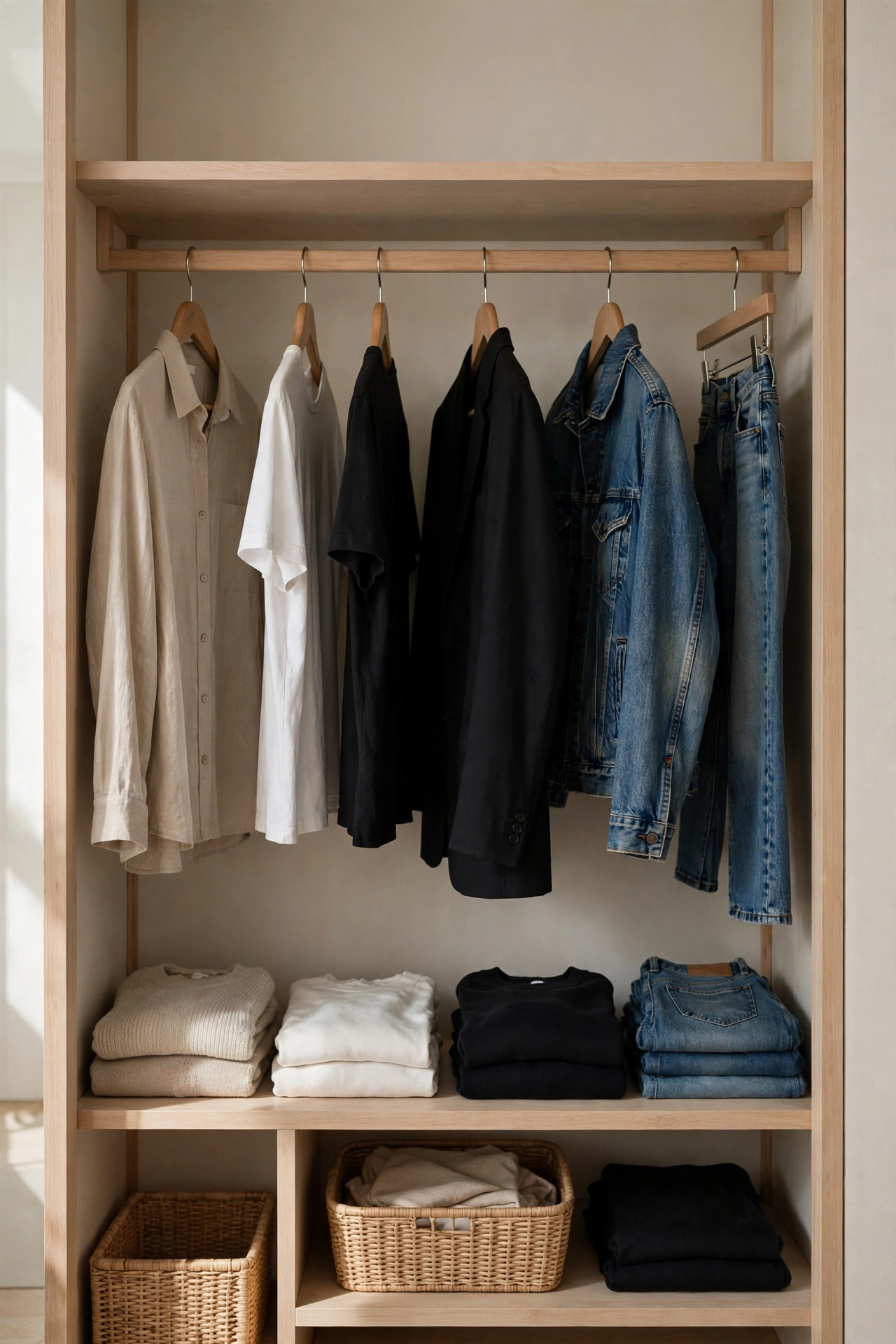 Minimalist capsule wardrobe in neutrals on wooden hangers