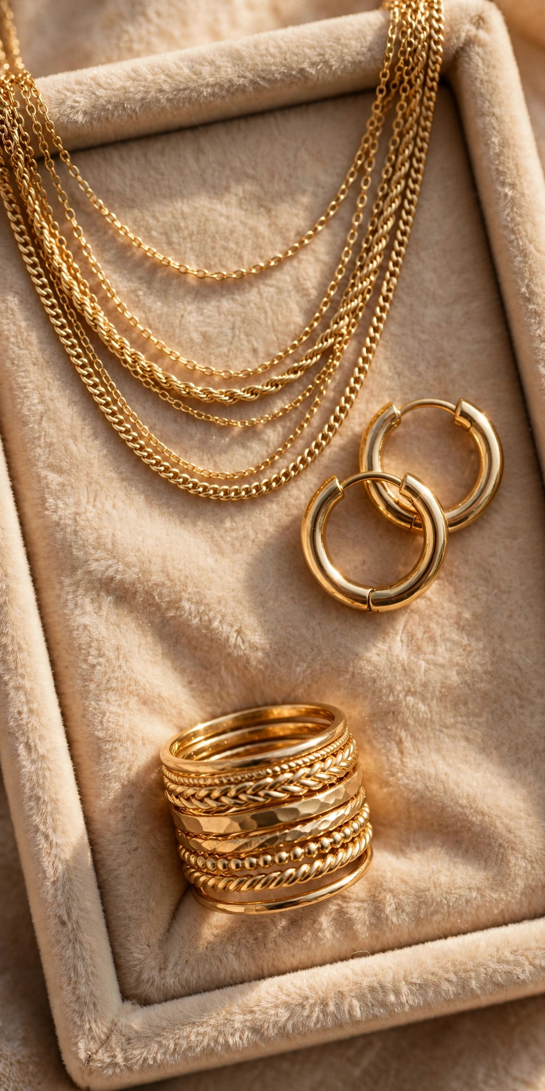 Gold layered necklaces, hoop earrings and rings on a velvet jewelry tray