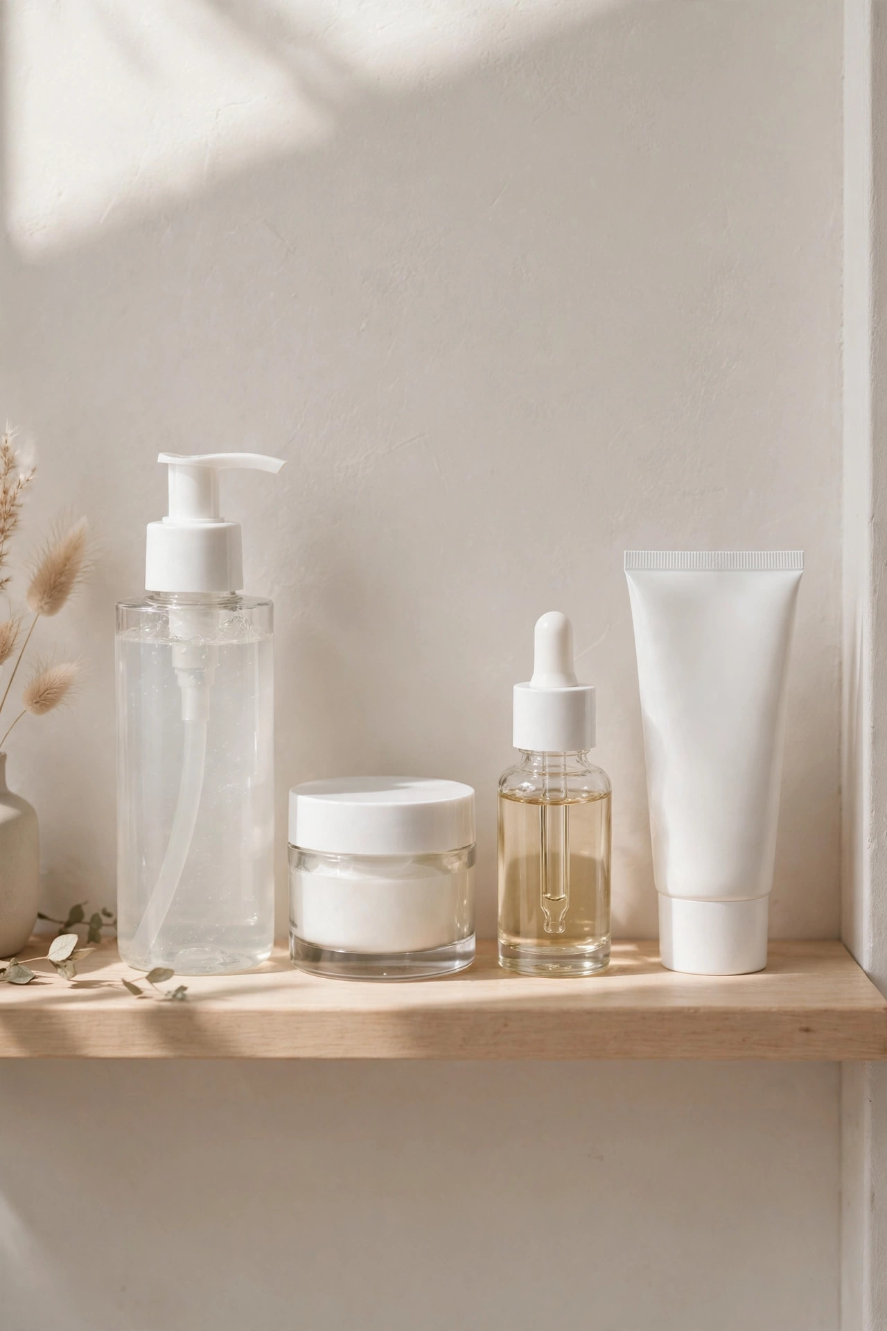 Budget skincare products: cleanser, moisturizer, serum and sunscreen on a bathroom shelf