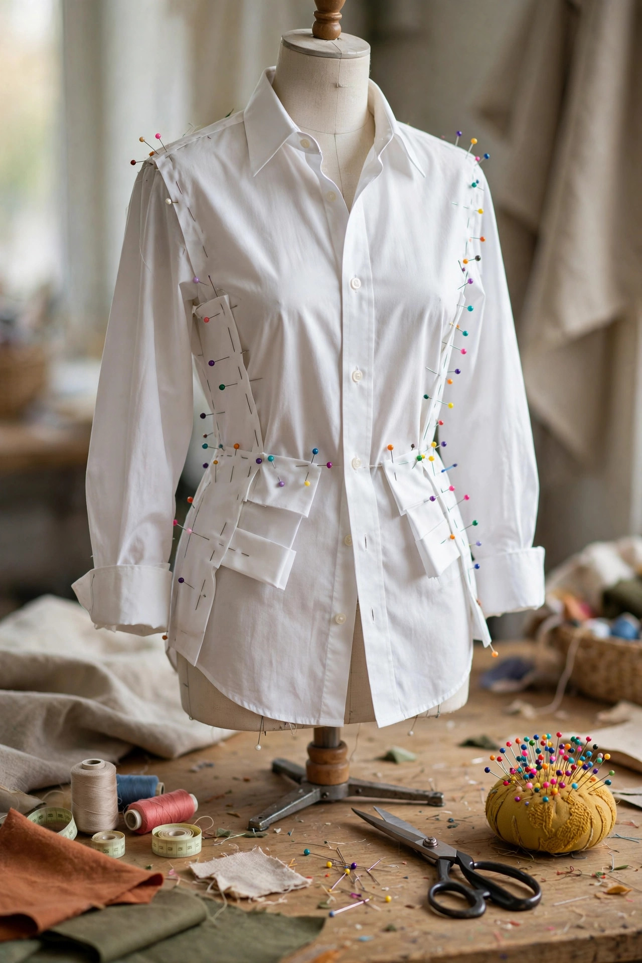 Oversized white shirt pinned for tailoring on a dress form with scissors and pins