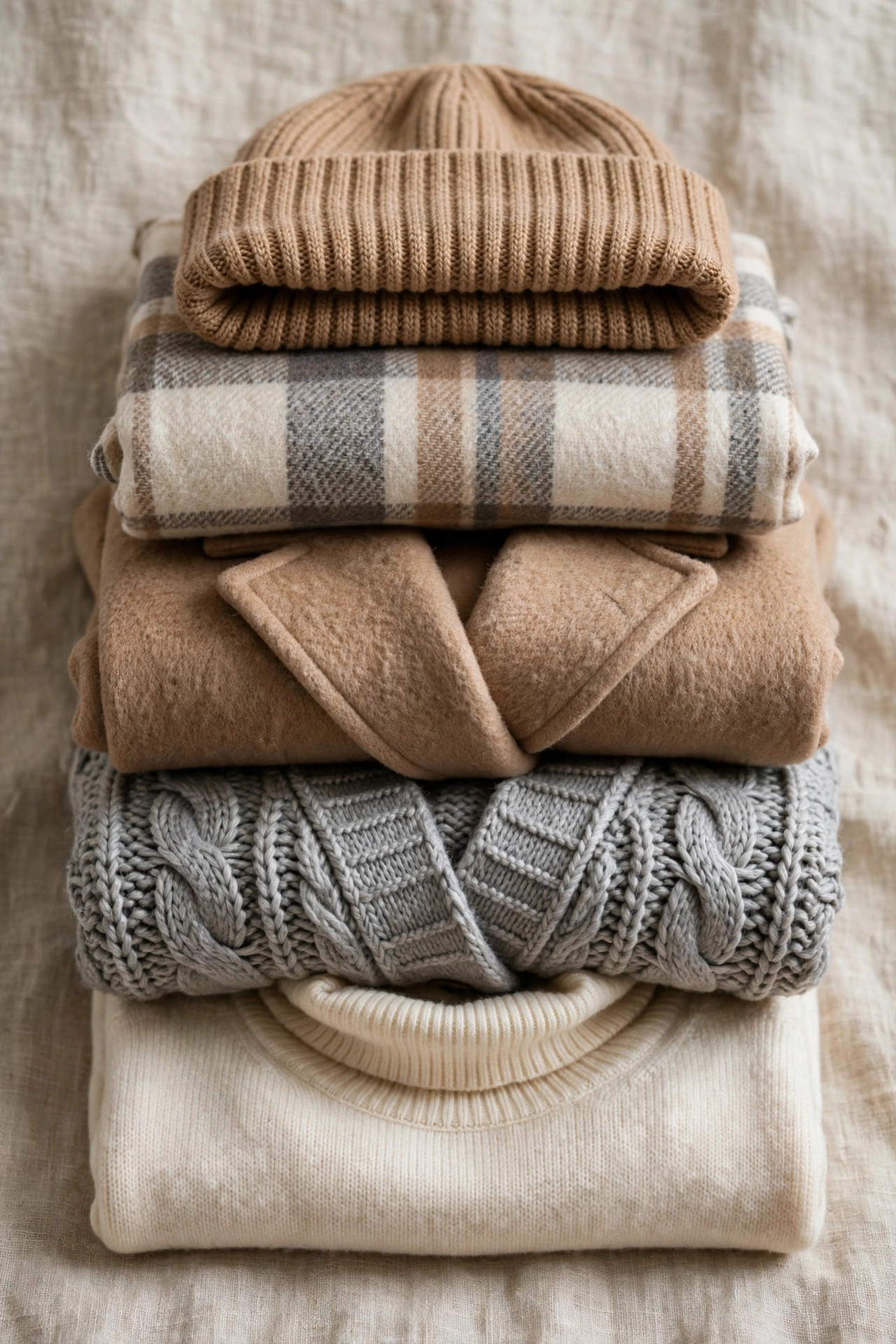 Folded winter layers: turtleneck, cardigan, wool coat, scarf and beanie in neutrals